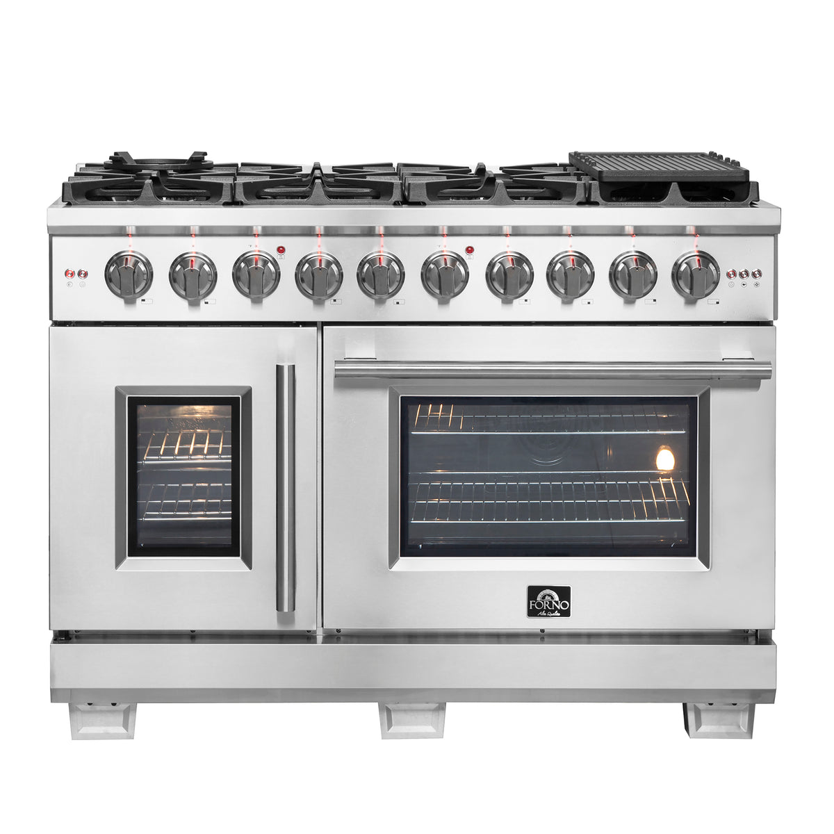 Forno Capriasca 48" French Door Gas Range All Stainless Steel, 8 Brass Burners 160,000 BTU