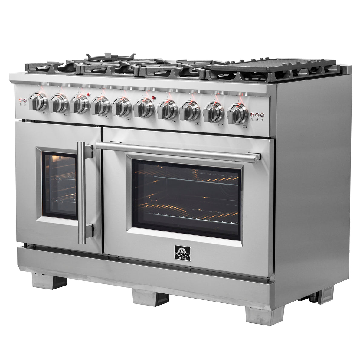 Forno Capriasca 48" French Door Gas Range All Stainless Steel, 8 Brass Burners 160,000 BTU