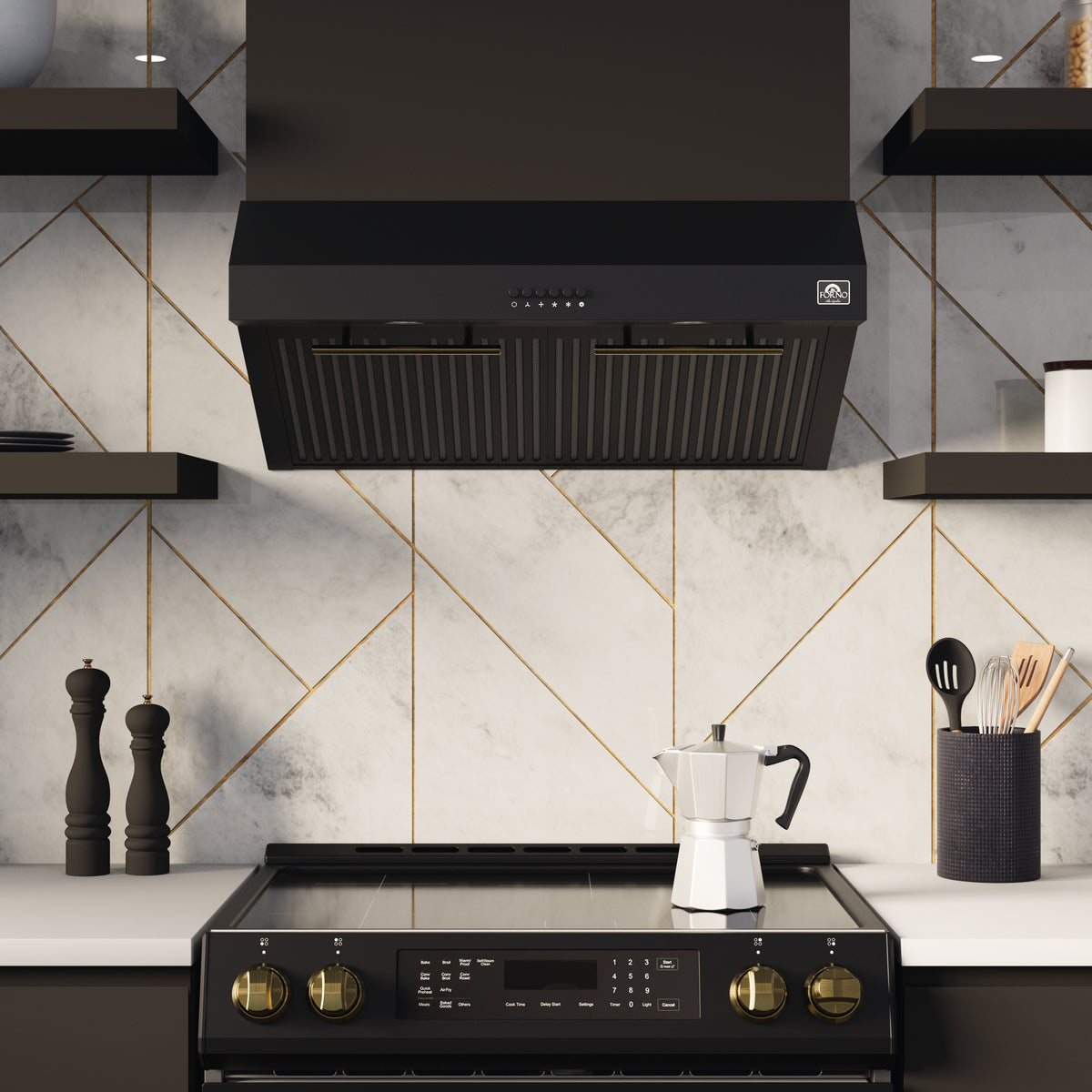 Forno Premium 4-Piece Kitchen Bundle - Leonardo Espresso 30" Black Range, 30" Black Range Hood