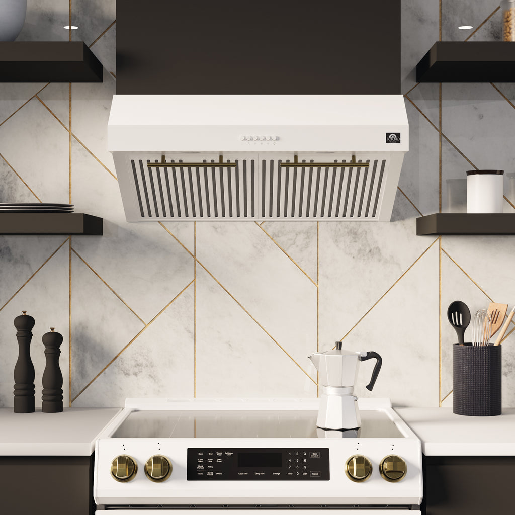 Forno Premium 4-Piece Kitchen Bundle - Leonardo Espresso 30" White Range, 30" White Range Hood