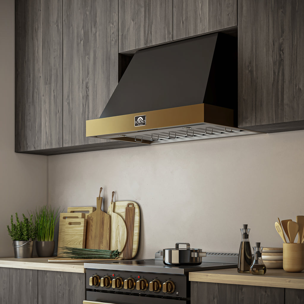 Forno Vittorio 36" Wall Mount Range Hood in Black & Antique Brass Trim