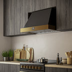 Forno Vittorio 36" Wall Mount Range Hood in Black & Antique Brass Trim