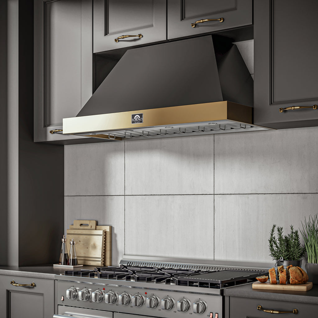 Forno Vittorio 48" Wall Mount Range Hood in Black & Antique Brass Trim
