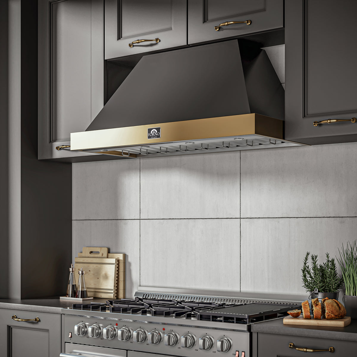 Forno Vittorio 48" Wall Mount Range Hood in Black & Antique Brass Trim