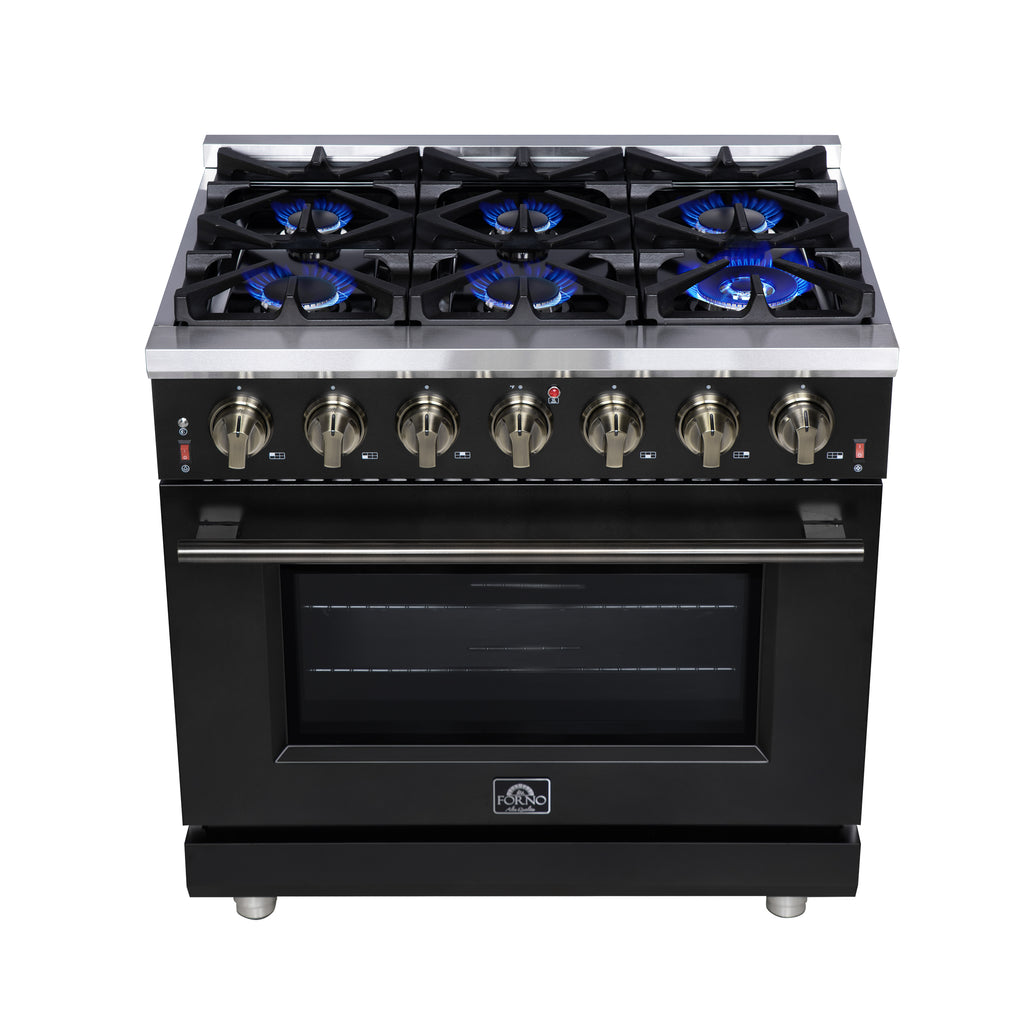 Forno Massimo 36" Freestanding Gas Range All in Black with 6 Sealed Burners 83,000 BTU