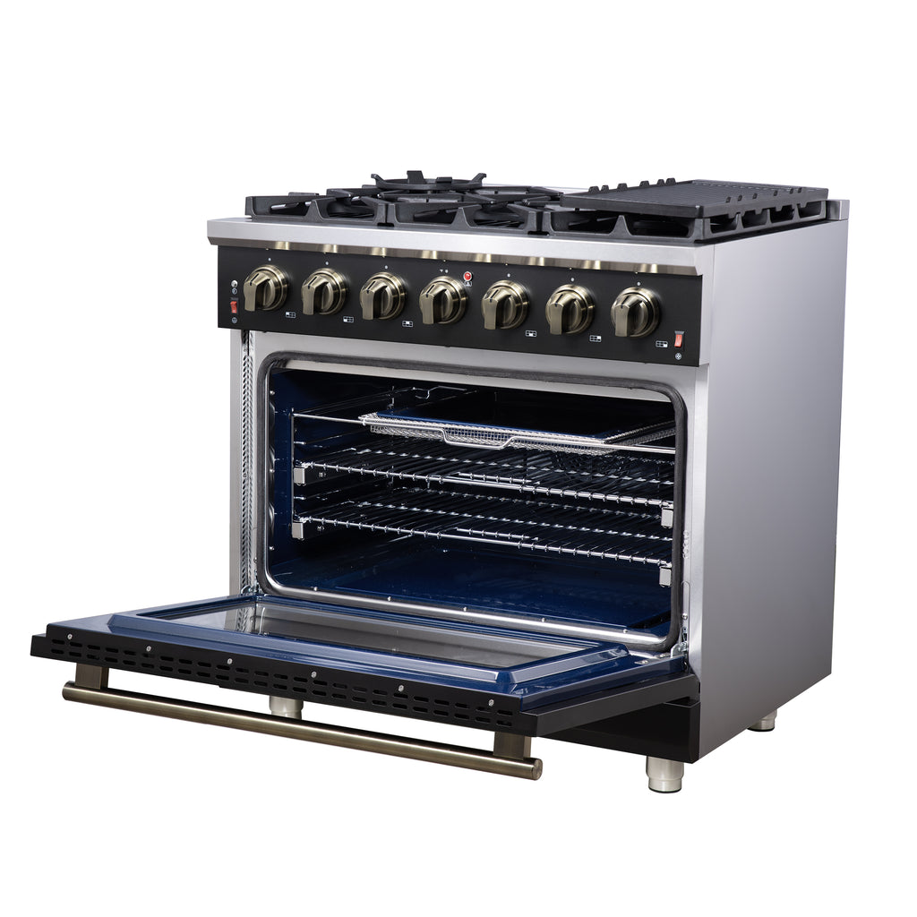 Forno Massimo 36" Freestanding Gas Range All in Black with 6 Sealed Burners 83,000 BTU