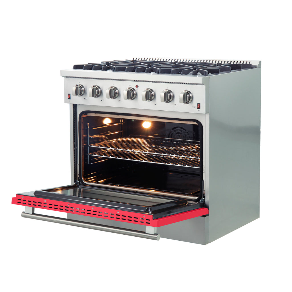 Forno Galiano 36" Freestanding Gas Range Stainless Steel with Red Door, 6 Burners, 83,000 BTU