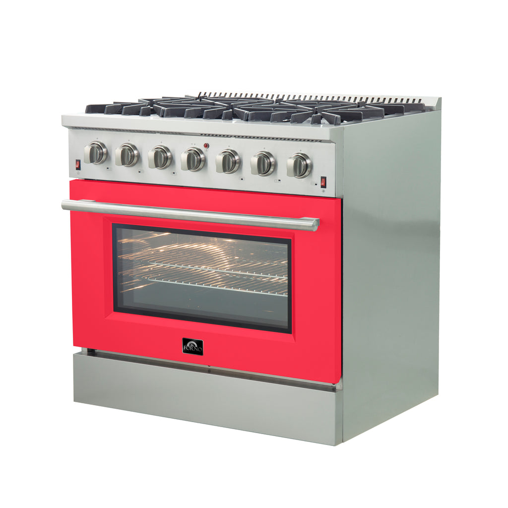 Forno Galiano 36" Freestanding Gas Range Stainless Steel with Red Door, 6 Burners, 83,000 BTU