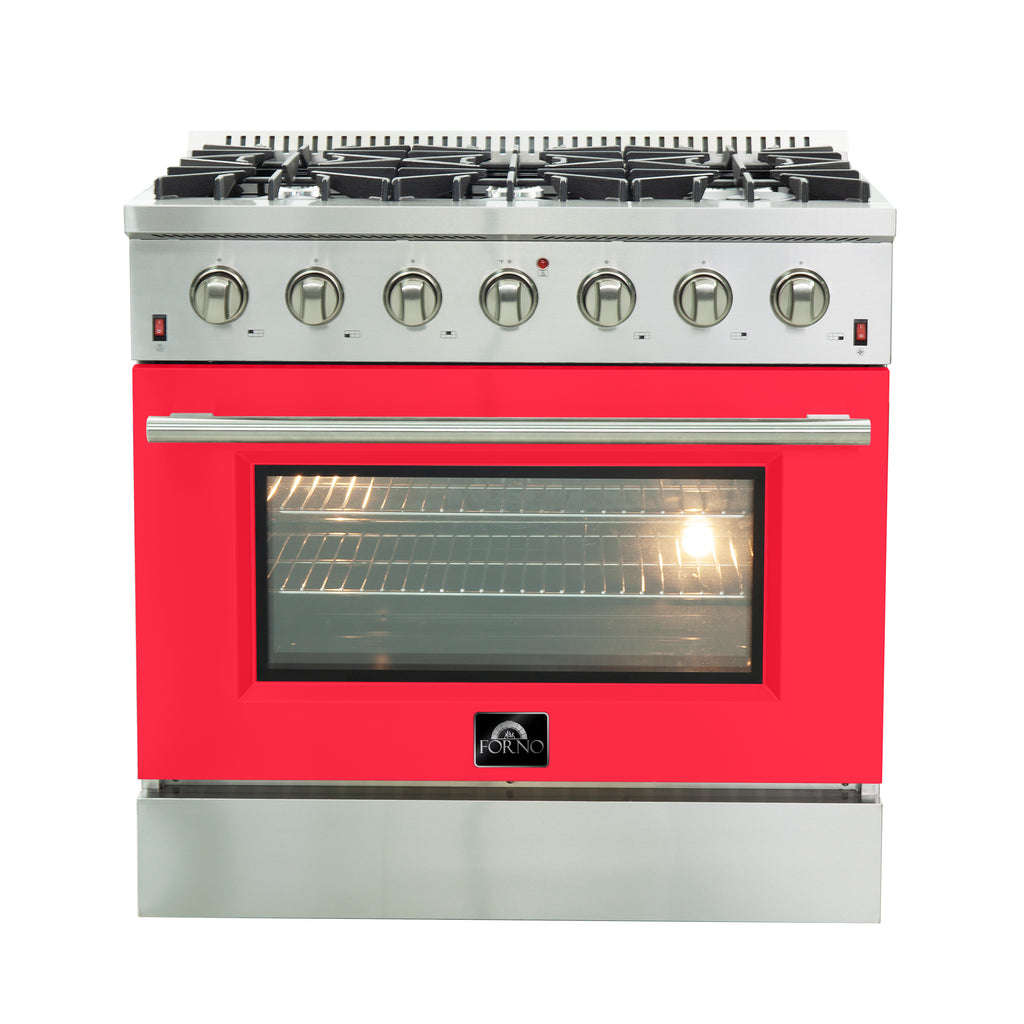 Forno Galiano 36" Freestanding Gas Range Stainless Steel with Red Door, 6 Burners, 83,000 BTU