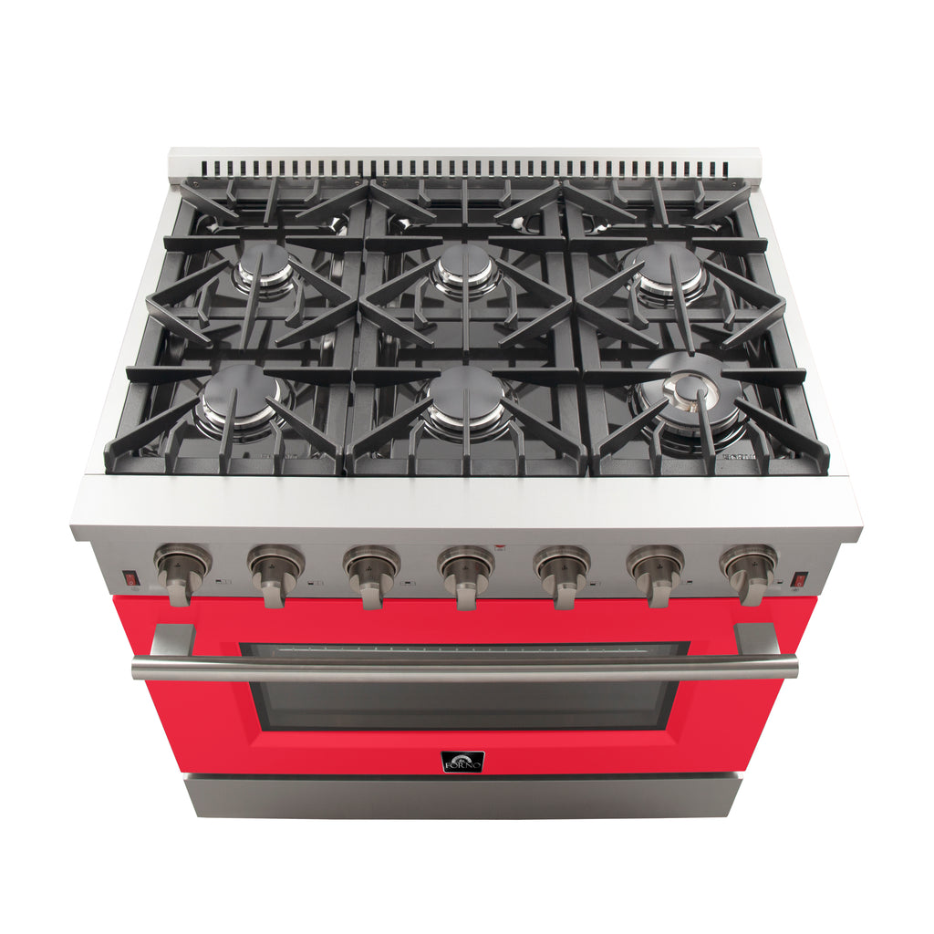 Forno Galiano 36" Freestanding Gas Range Stainless Steel with Red Door, 6 Burners, 83,000 BTU