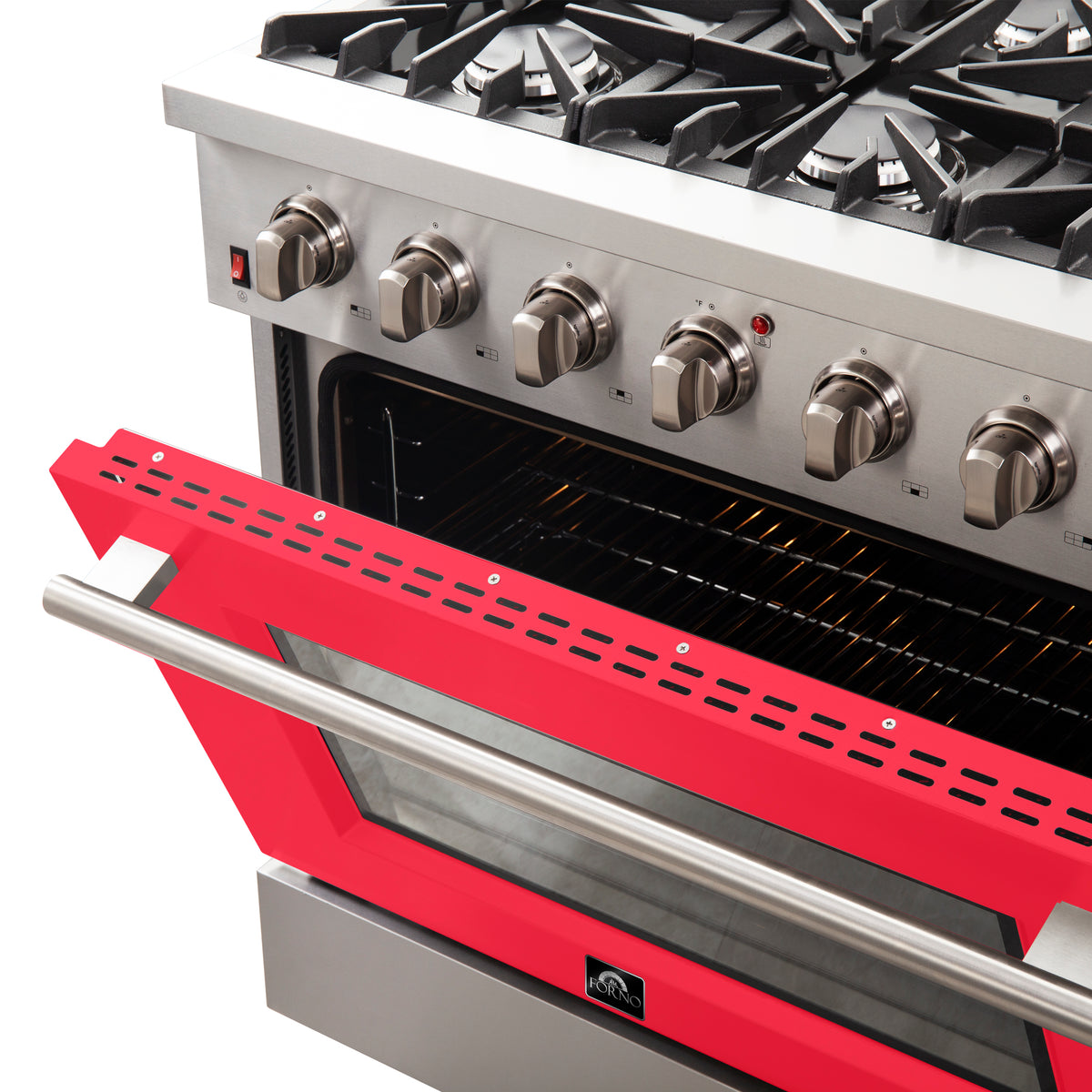 Forno Galiano 36" Freestanding Gas Range Stainless Steel with Red Door, 6 Burners, 83,000 BTU