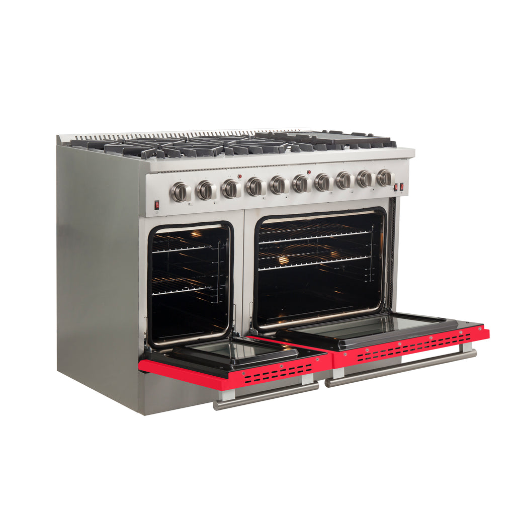 Forno Galiano 48" Freestanding Gas Range All Stainless Steel with Red Doors, 8 Burners 107,000 BTU, Griddle