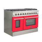 Forno Galiano 48" Freestanding Gas Range All Stainless Steel with Red Doors, 8 Burners 107,000 BTU, Griddle