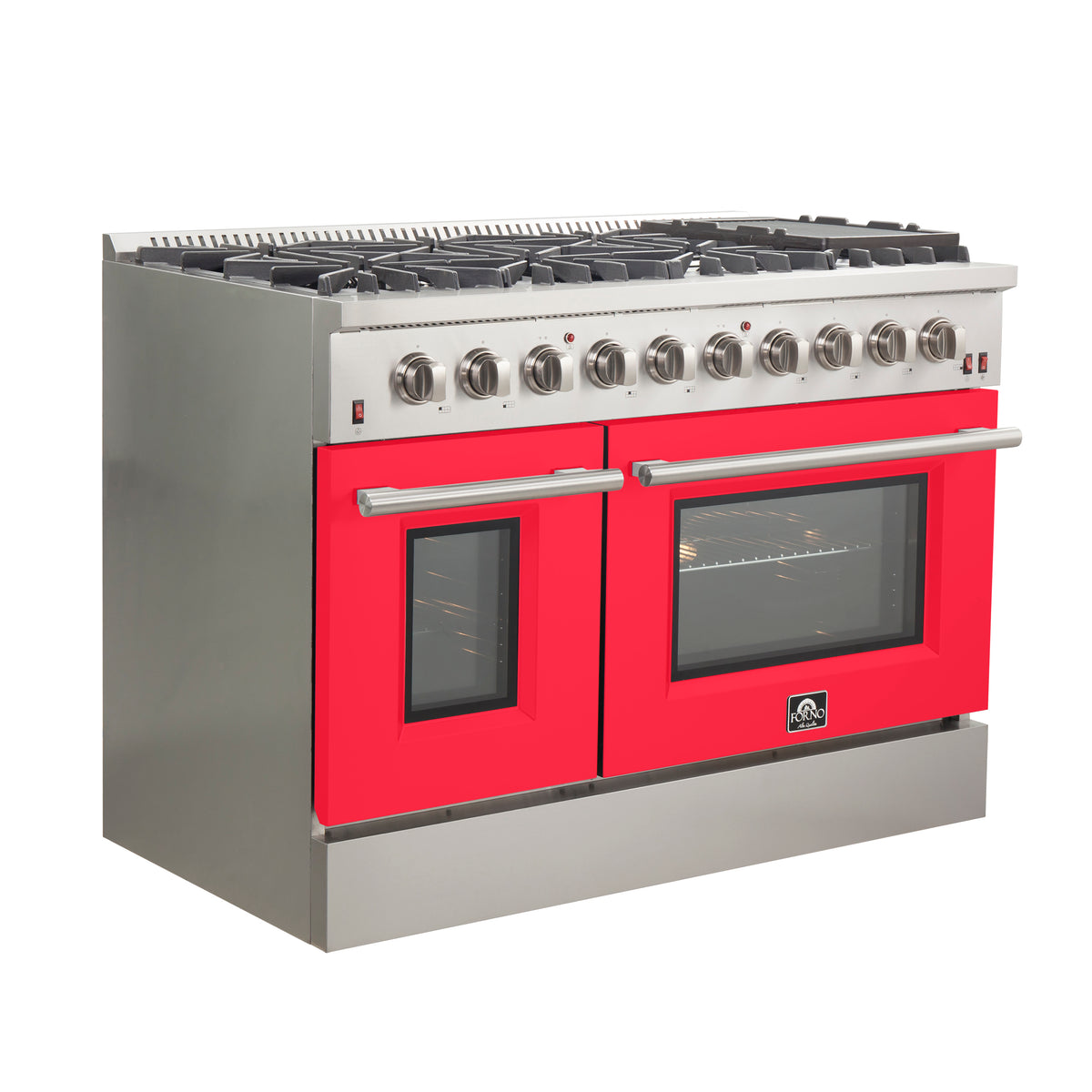 Forno Galiano 48" Freestanding Gas Range All Stainless Steel with Red Doors, 8 Burners 107,000 BTU, Griddle