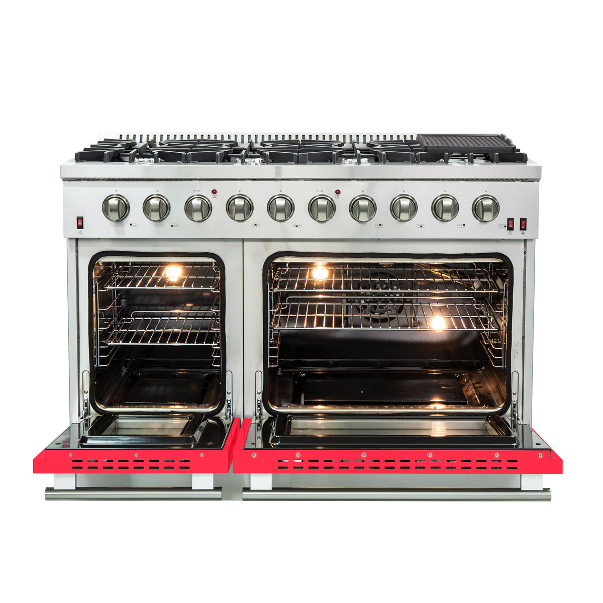 Forno Galiano 48" Freestanding Gas Range All Stainless Steel with Red Doors, 8 Burners 107,000 BTU, Griddle