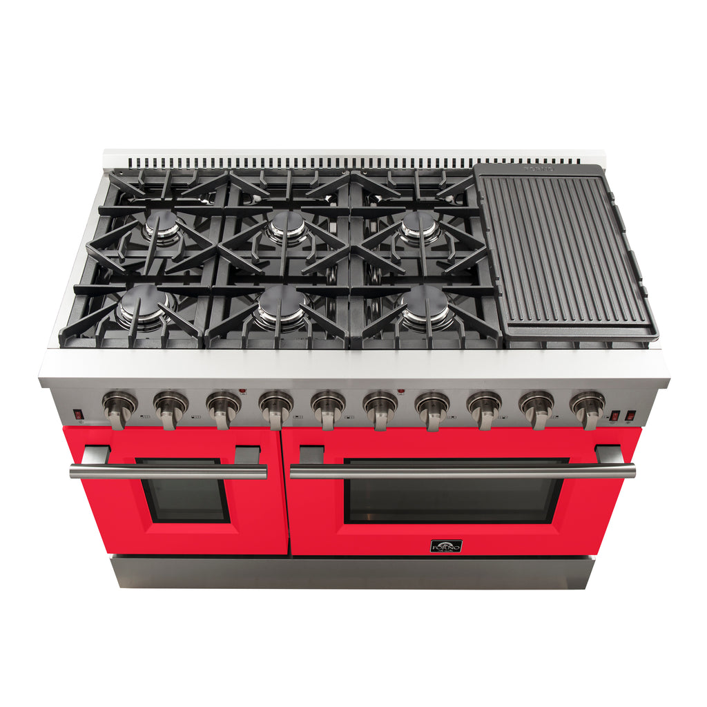 Forno Galiano 48" Freestanding Gas Range All Stainless Steel with Red Doors, 8 Burners 107,000 BTU, Griddle