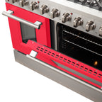 Forno Galiano 48" Freestanding Gas Range All Stainless Steel with Red Doors, 8 Burners 107,000 BTU, Griddle