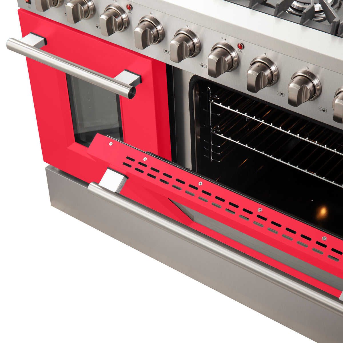 Forno Galiano 48" Freestanding Gas Range All Stainless Steel with Red Doors, 8 Burners 107,000 BTU, Griddle