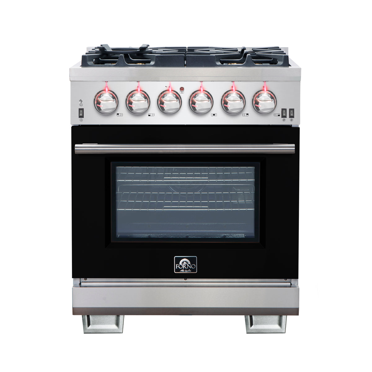 Forno Capriasca 30" Freestanding Gas Range All Stainless Steel with Black Door, 5 Brass Burners 100,000 BTU