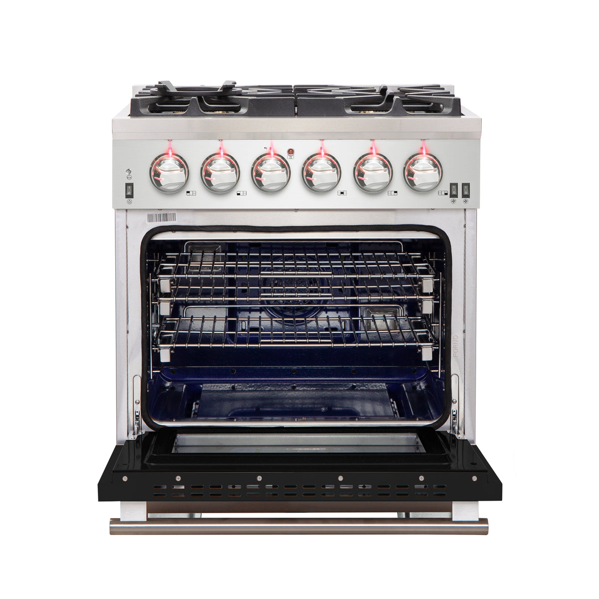 Forno Capriasca 30" Freestanding Gas Range All Stainless Steel with Black Door, 5 Brass Burners 100,000 BTU