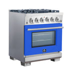 Forno Capriasca 30" Freestanding Gas Range All Stainless Steel with Blue Door, 5 Brass Burners 100,000 BTU