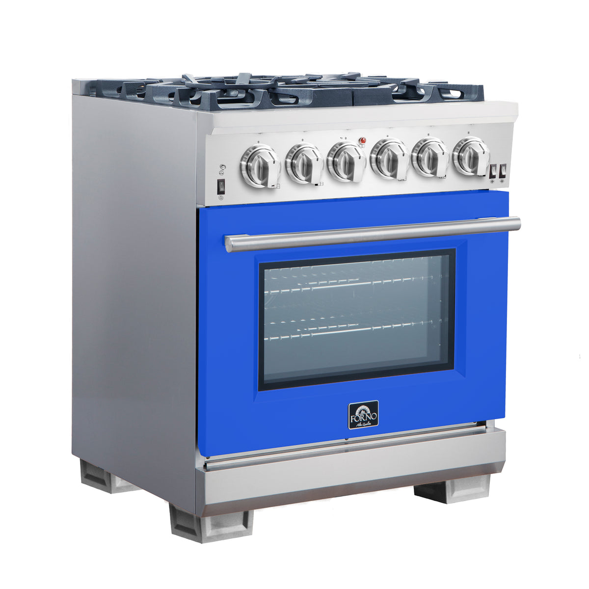 Forno Capriasca 30" Freestanding Gas Range All Stainless Steel with Blue Door, 5 Brass Burners 100,000 BTU