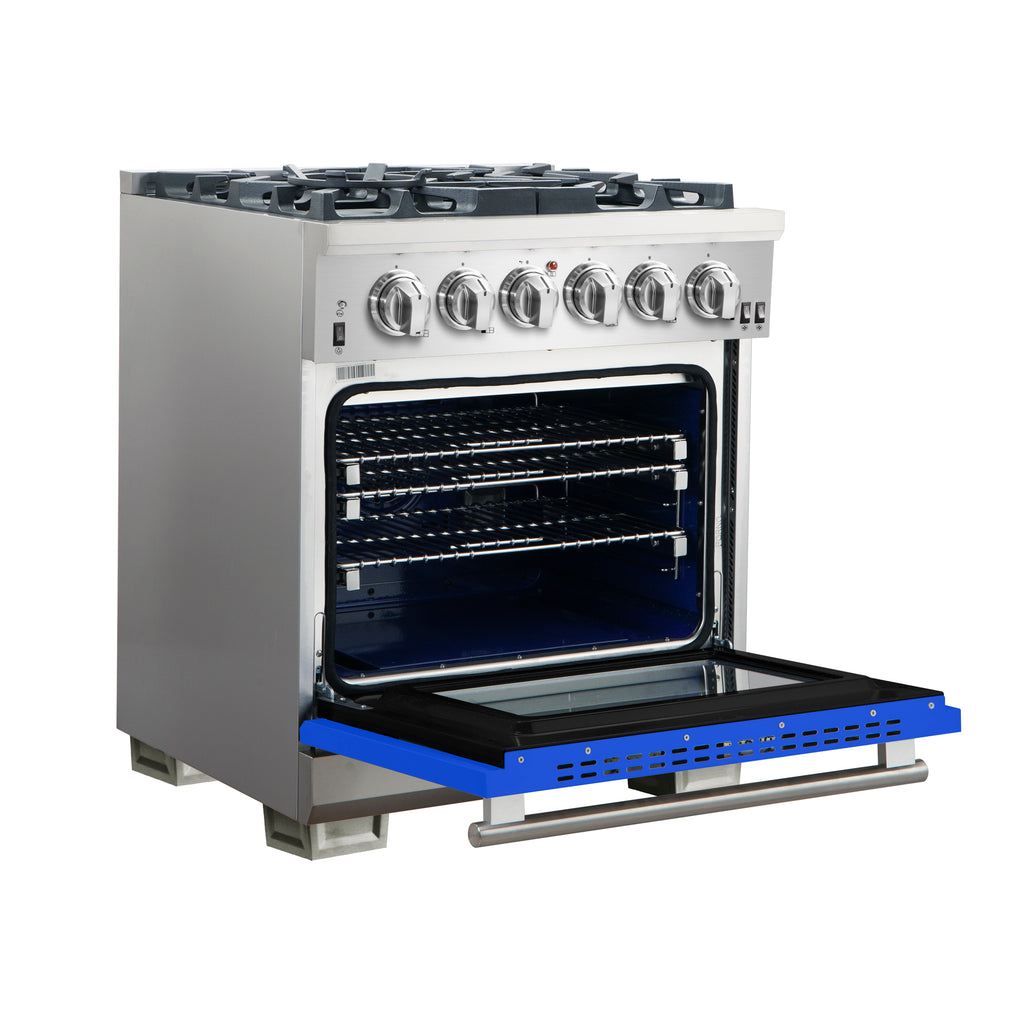 Forno Capriasca 30" Freestanding Gas Range All Stainless Steel with Blue Door, 5 Brass Burners 100,000 BTU