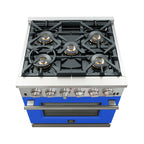 Forno Capriasca 30" Freestanding Gas Range All Stainless Steel with Blue Door, 5 Brass Burners 100,000 BTU