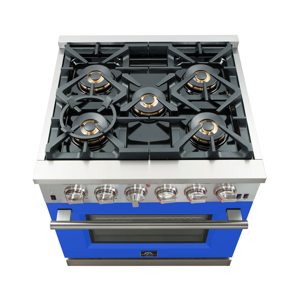 Forno Capriasca 30" Freestanding Gas Range All Stainless Steel with Blue Door, 5 Brass Burners 100,000 BTU