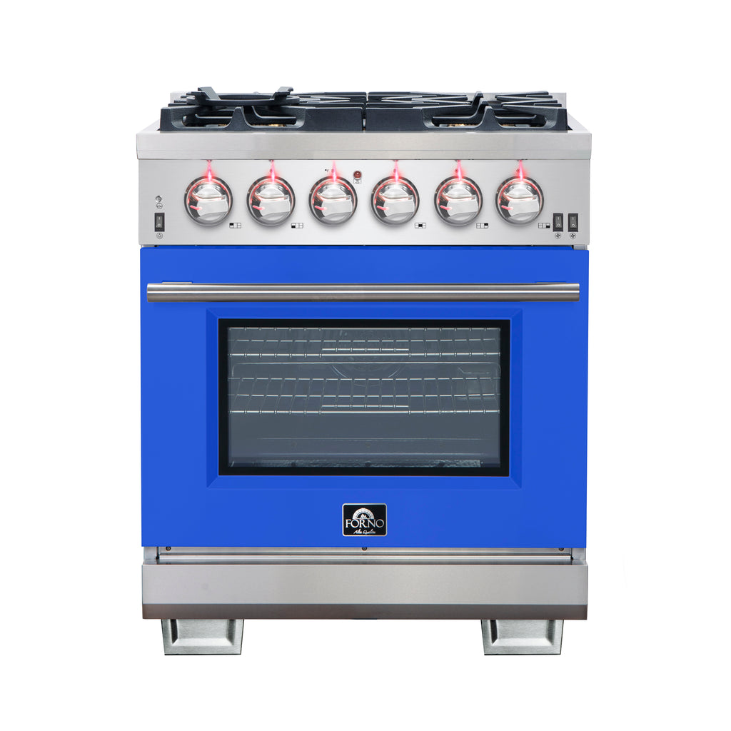 Forno Capriasca 30" Freestanding Gas Range All Stainless Steel with Blue Door, 5 Brass Burners 100,000 BTU