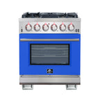 Forno Capriasca 30" Freestanding Gas Range All Stainless Steel with Blue Door, 5 Brass Burners 100,000 BTU