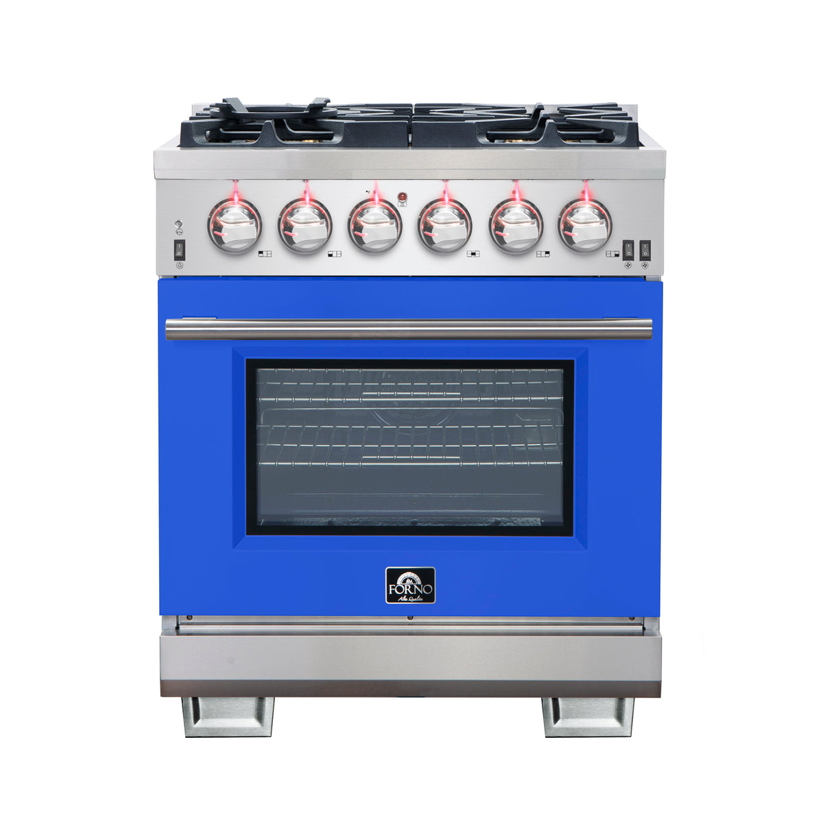 Forno Capriasca 30" Freestanding Gas Range All Stainless Steel with Blue Door, 5 Brass Burners 100,000 BTU