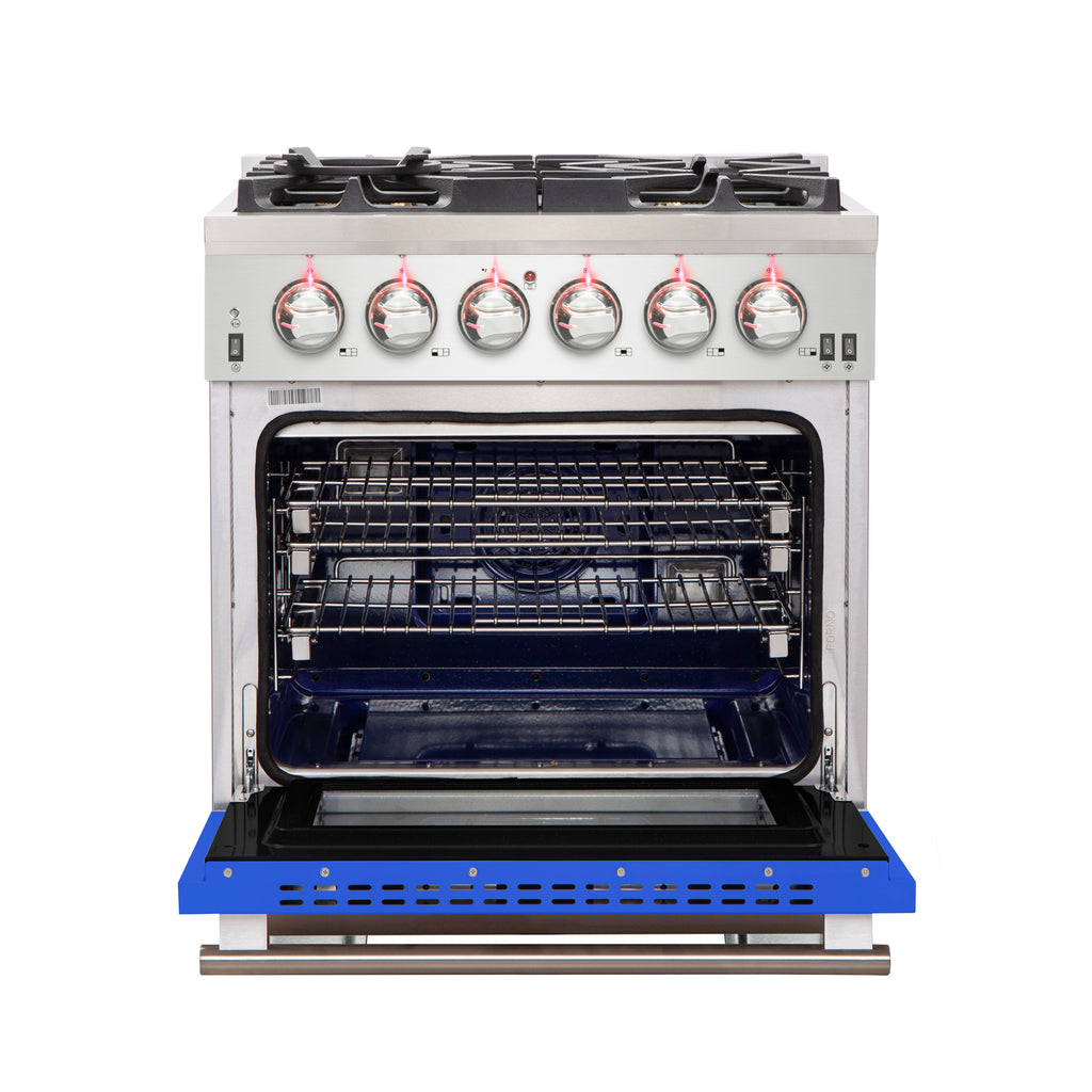 Forno Capriasca 30" Freestanding Gas Range All Stainless Steel with Blue Door, 5 Brass Burners 100,000 BTU