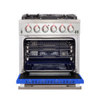 Forno Capriasca 30" Freestanding Gas Range All Stainless Steel with Blue Door, 5 Brass Burners 100,000 BTU