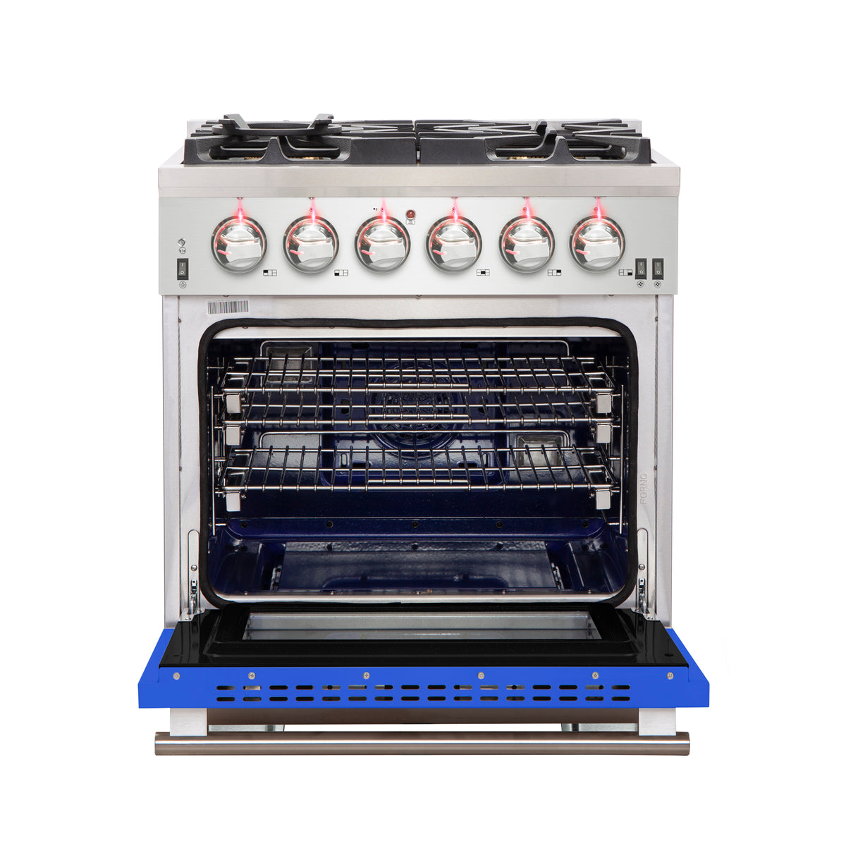 Forno Capriasca 30" Freestanding Gas Range All Stainless Steel with Blue Door, 5 Brass Burners 100,000 BTU