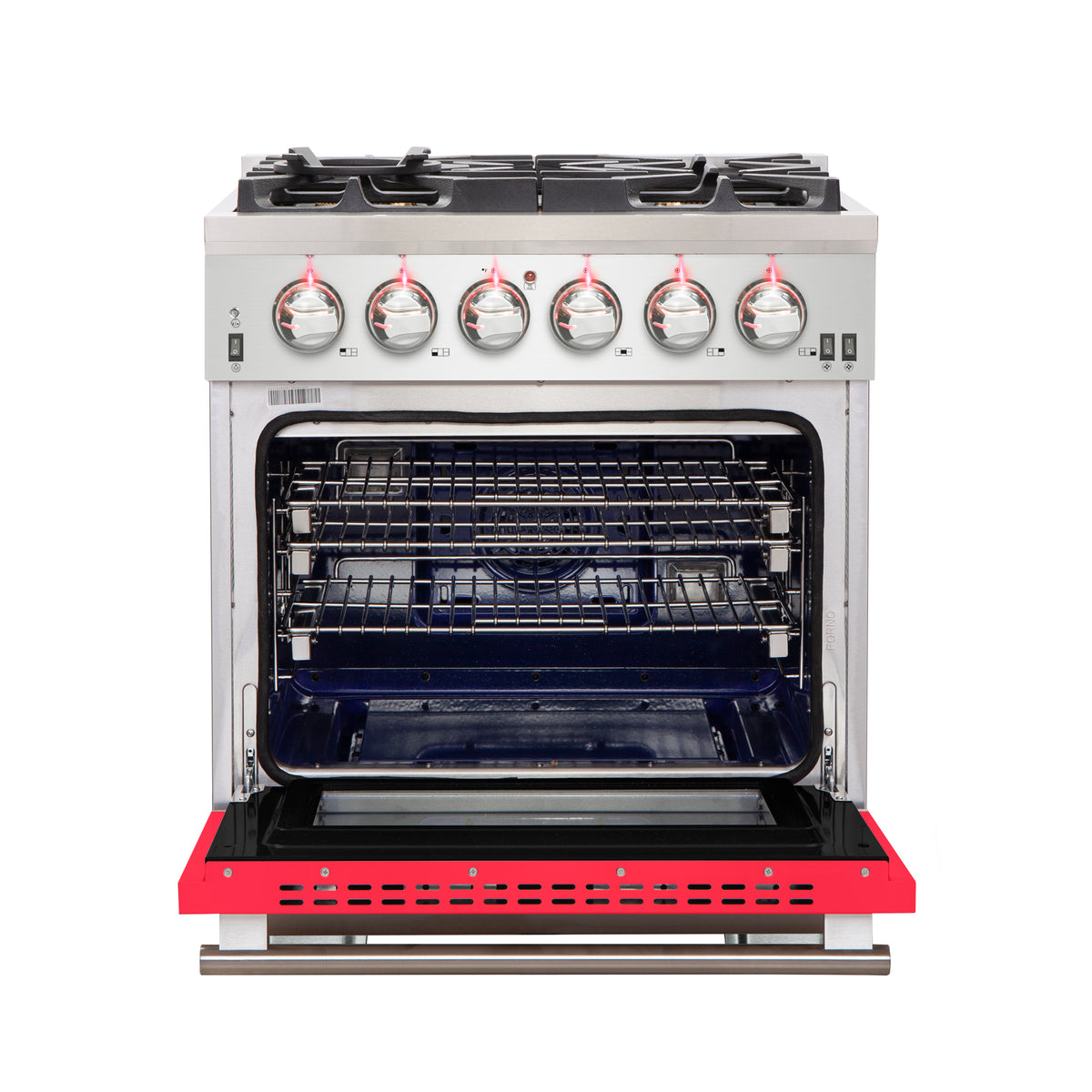 Forno Capriasca 30" Freestanding Gas Range All Stainless Steel with Red Door, 5 Brass Burners 100,000 BTU