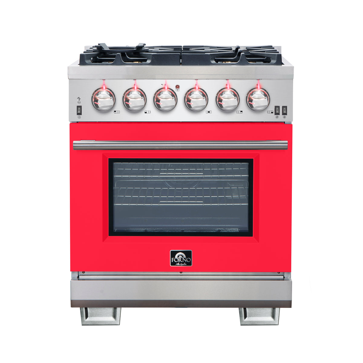 Forno Capriasca 30" Freestanding Gas Range All Stainless Steel with Red Door, 5 Brass Burners 100,000 BTU