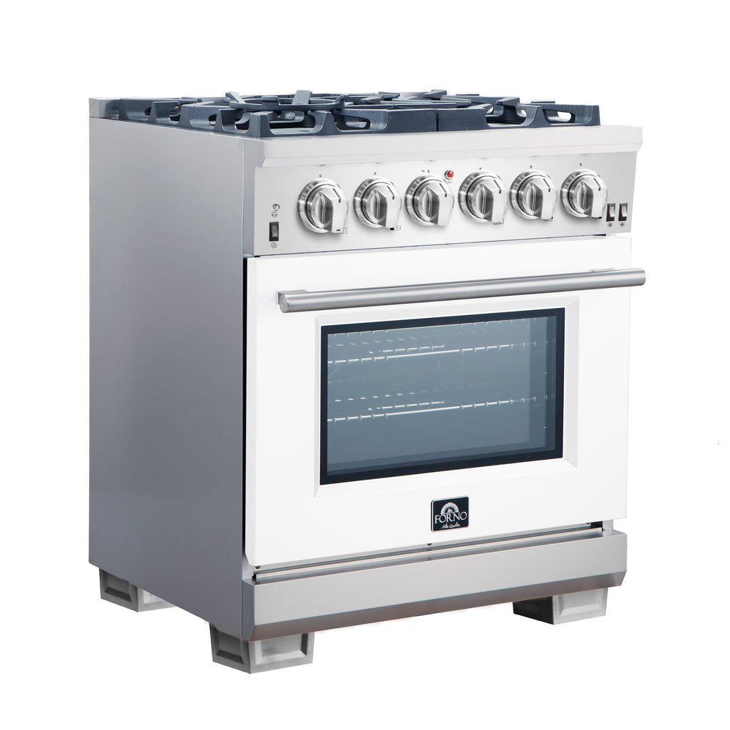 Forno Capriasca 30" Freestanding Gas Range All Stainless Steel with White Door, 5 Brass Burners 100,000 BTU