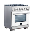 Forno Capriasca 30" Freestanding Gas Range All Stainless Steel with White Door, 5 Brass Burners 100,000 BTU