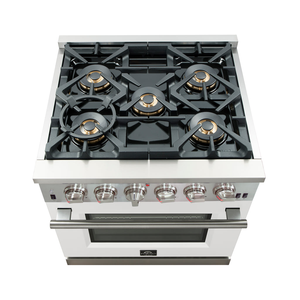Forno Capriasca 30" Freestanding Gas Range All Stainless Steel with White Door, 5 Brass Burners 100,000 BTU