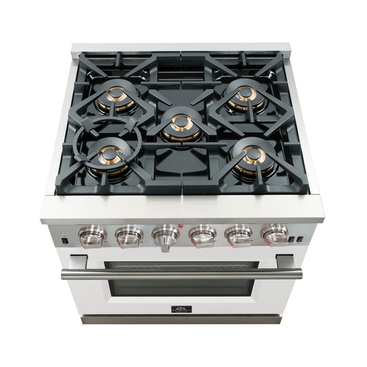 Forno Capriasca 30" Freestanding Gas Range All Stainless Steel with White Door, 5 Brass Burners 100,000 BTU