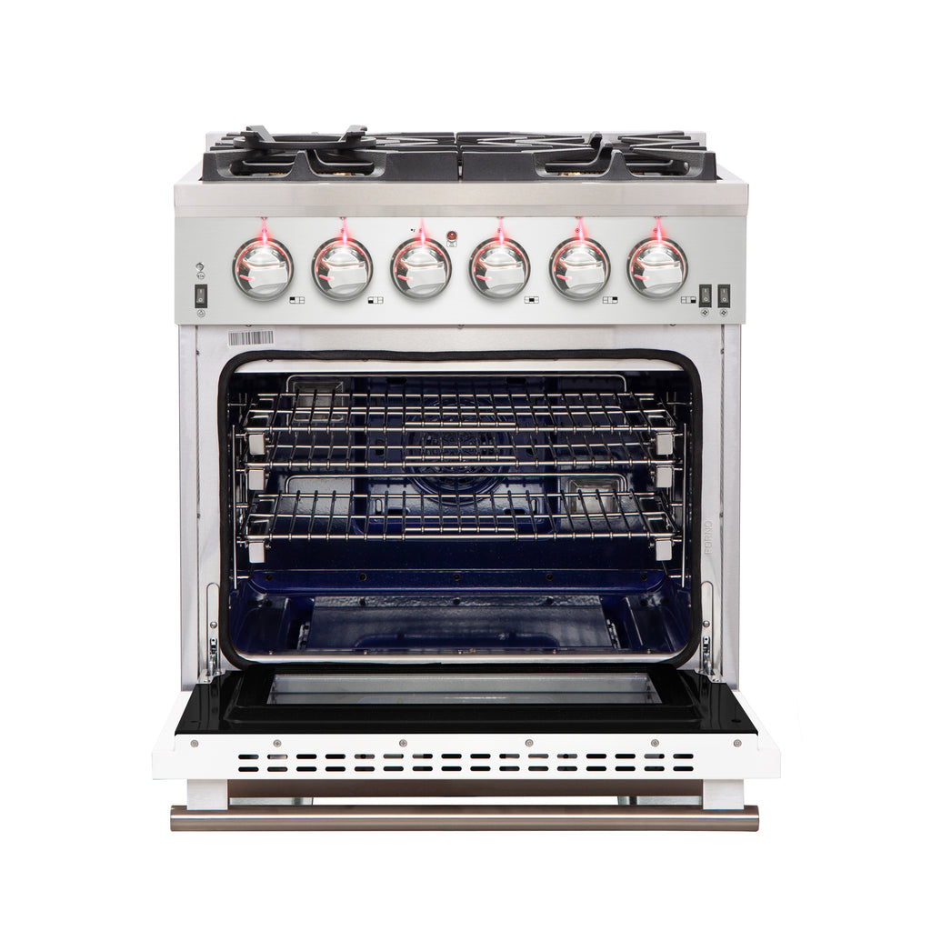 Forno Capriasca 30" Freestanding Gas Range All Stainless Steel with White Door, 5 Brass Burners 100,000 BTU