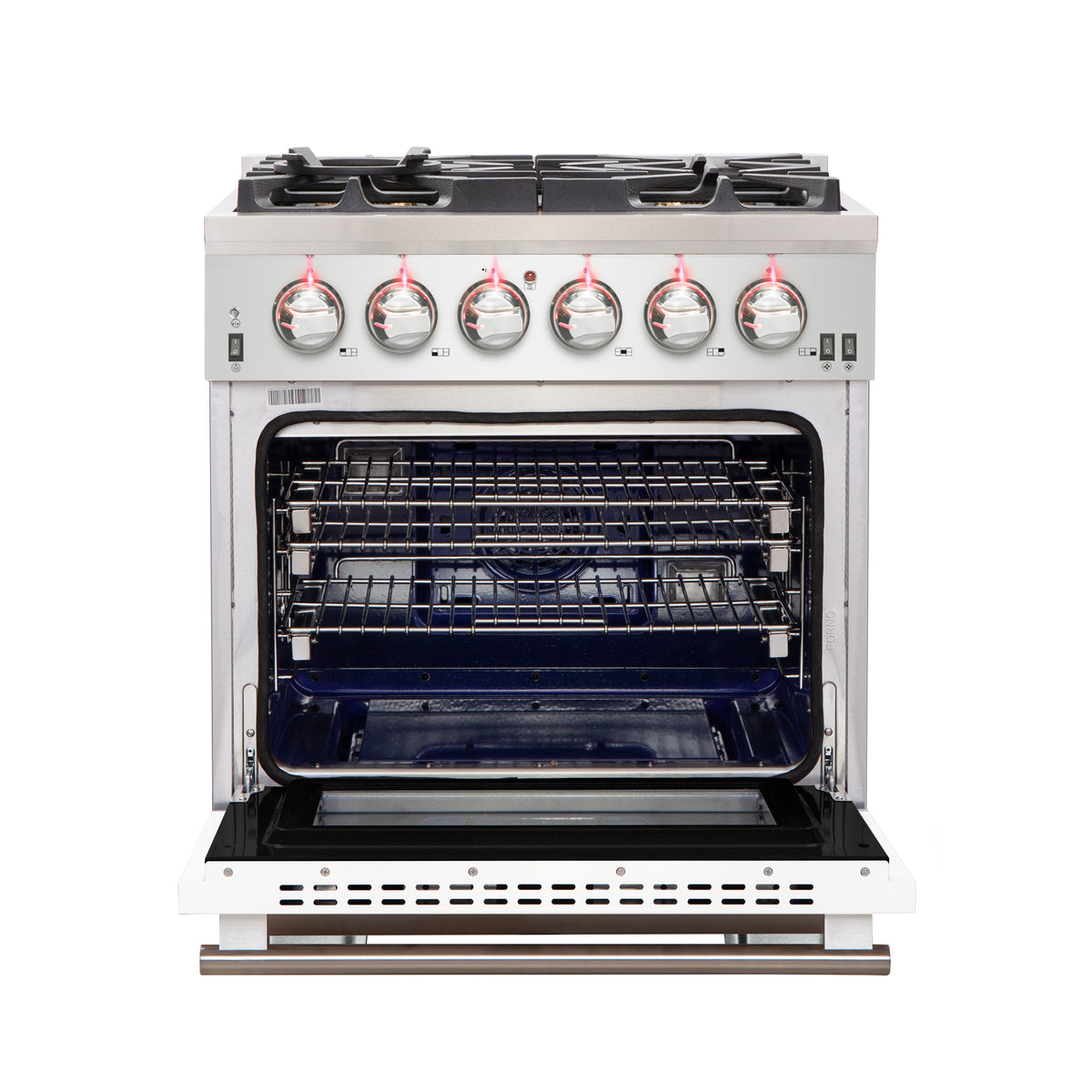 Forno Capriasca 30" Freestanding Gas Range All Stainless Steel with White Door, 5 Brass Burners 100,000 BTU