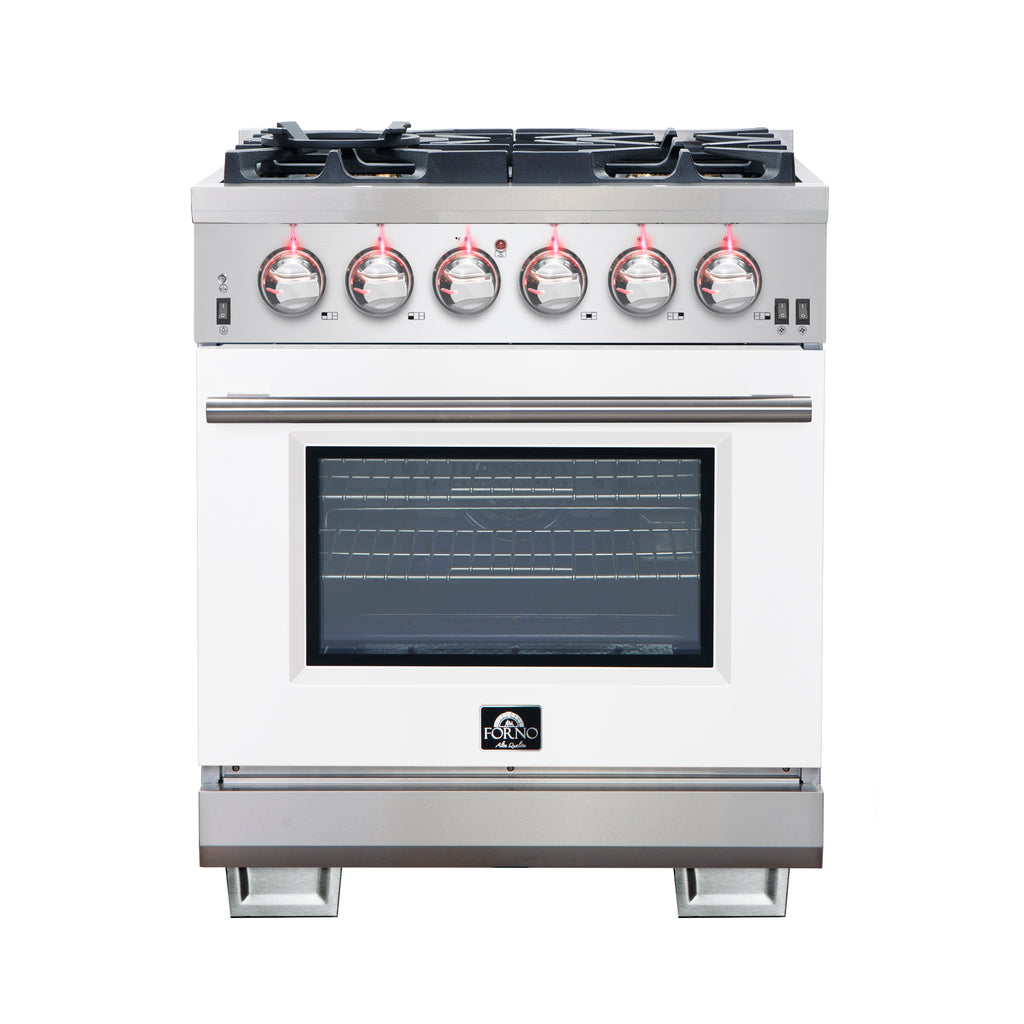 Forno Capriasca 30" Freestanding Gas Range All Stainless Steel with White Door, 5 Brass Burners 100,000 BTU