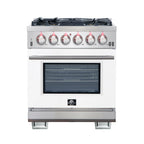 Forno Capriasca 30" Freestanding Gas Range All Stainless Steel with White Door, 5 Brass Burners 100,000 BTU