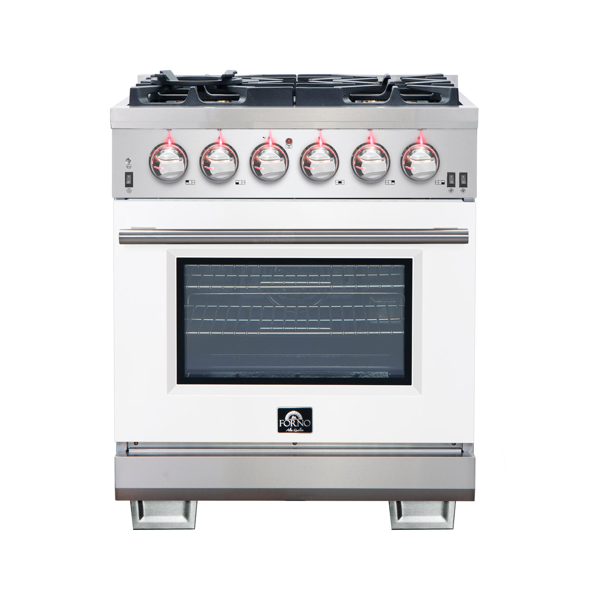Forno Capriasca 30" Freestanding Gas Range All Stainless Steel with White Door, 5 Brass Burners 100,000 BTU