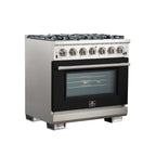Forno Capriasca 36" Freestanding Gas Range All Stainless Steel, 6 Brass Burners 120,000 BTU, Wok Support