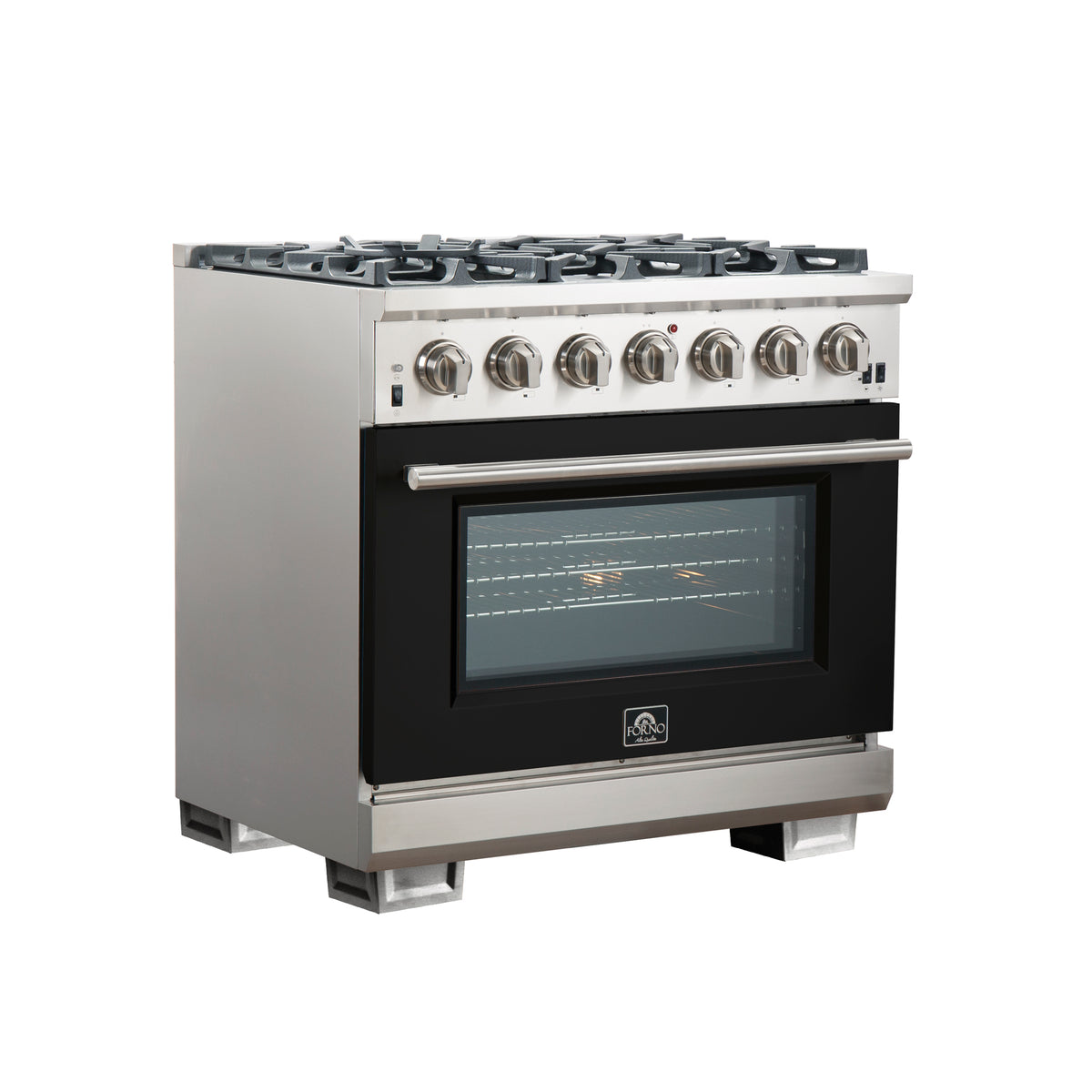 Forno Capriasca 36" Freestanding Gas Range All Stainless Steel, 6 Brass Burners 120,000 BTU, Wok Support