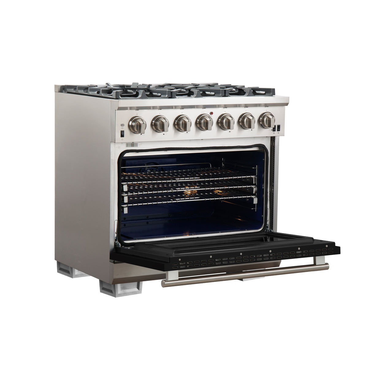 Forno Capriasca 36" Freestanding Gas Range All Stainless Steel, 6 Brass Burners 120,000 BTU, Wok Support