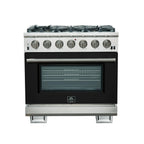 Forno Capriasca 36" Freestanding Gas Range All Stainless Steel, 6 Brass Burners 120,000 BTU, Wok Support